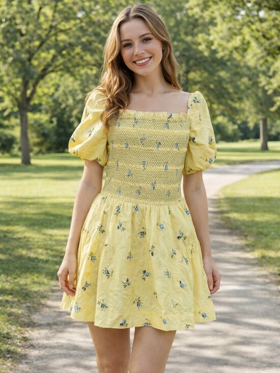 Anthropologie Dresses & Skirts - Anthropology (Medium $Yellow Smocked Puff Sleeve Floral Dress( blue floral)